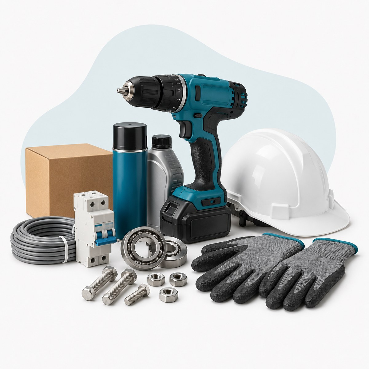 A range of WeCare industrial & MRO supplies, cordless drill, safety helmet, work gloves, bearings, stainless bolts, cable, lubricants and a delivery box
